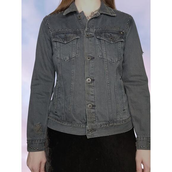 Lucky Brand Distressed Punk Rock Stay Reckless Studded Dark Denim Jacket Sz Med - Picture 1 of 9